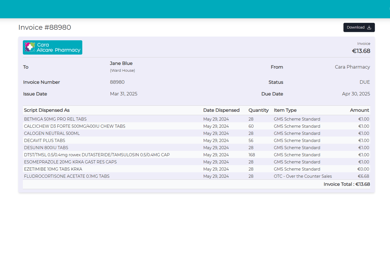 Cara Allcare Pharmacy Invoice Portal Dashboard